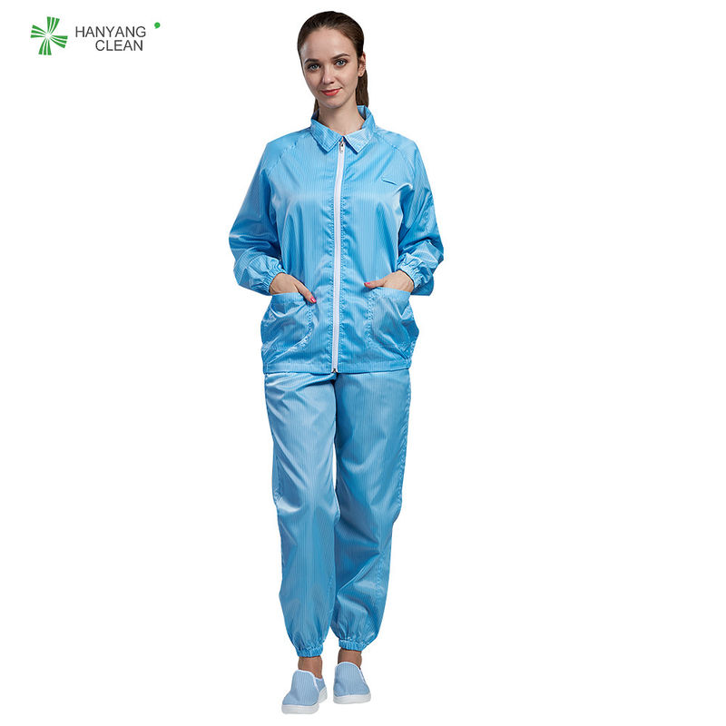 ESD Anti static cleanroon jacket and pants autocalved sterilization blue color straight open zipper style